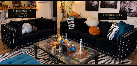 Black velvet tufted sofa set