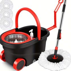 Spinning Mop And Bucket Set, Mop Bucket Set, School Bathroom, 360° Spinning Mop Bucket System With 3 Microfiber Mop Replacement Heads And 61-Inch Stai