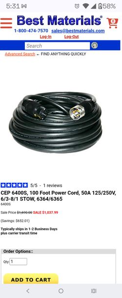 Stow 6/3+8/1 100ft tempary power extension cable
