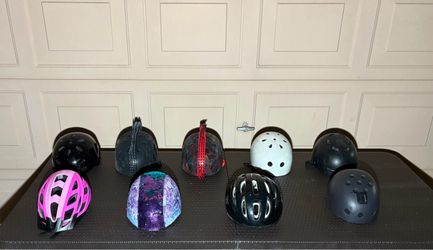 Set and collection of 8 different youth and toddler multi-sport and bicycle helmets