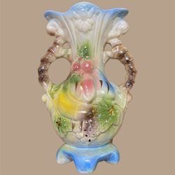 Vintage Blue Lusterware Double Handled Ceramic 8" Vase Fruit Motif EUC