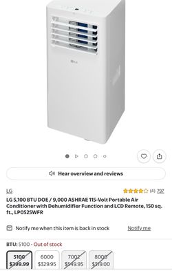 LG 5,100 BTU DOE / 9,000 ASHRAE 115-Volt Portable Air Conditioner with Dehumidifier Function 150 sq. ft. No Remote, New out of box