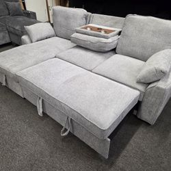 Brand New Sectional Pull Out Bed W Storage Chaise & Trade Cup Holder & USB OUTLET $699