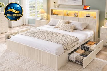 King Bed Frame with Storage Drawers and LED Headboard