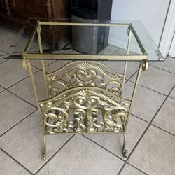 Mid Century Hollywood Regency Style Metal Side Table with Beveled Glass Top 