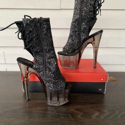 Black Glitter Smoke Tinted 7" Open Toe/Heel Lace Up Ankle Boot size 7
