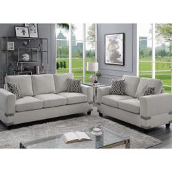 Sofa Loveseat Set In Mushroom Color Brand New In Box Firm Price $560 Soft Fabric 4 Pillows Included