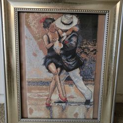 Framed Tango Dancers Cross Stitch Needle Point Art 