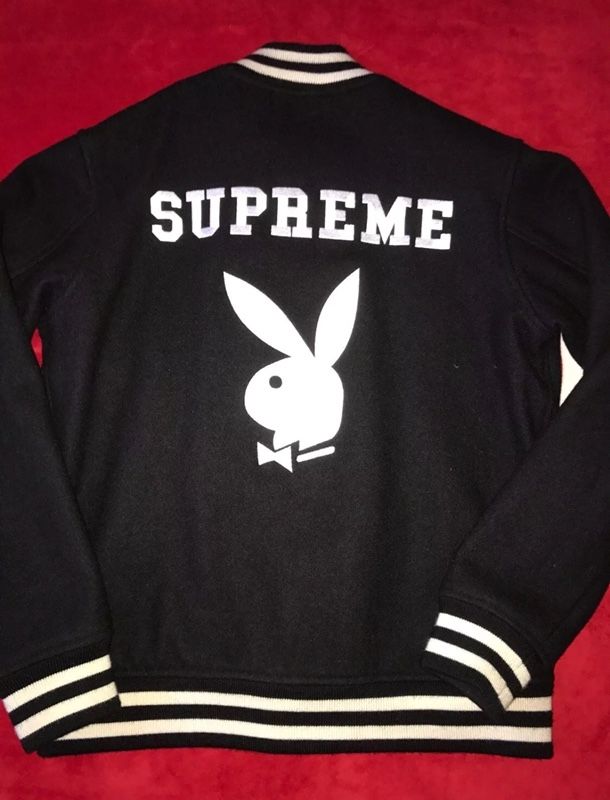 PRE OWNED SUPREME X PLAYBOY BLACK VARSITY JACKET SZ S 2011 RARE