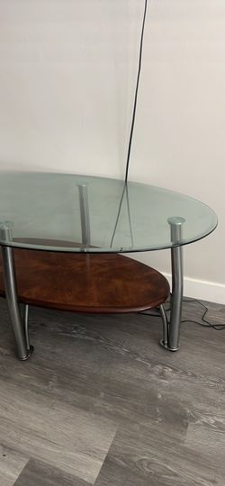 Oval Glass and Wood Coffee Table