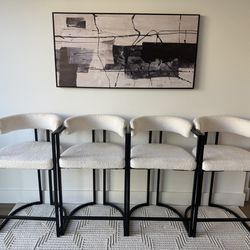 Set of 4 White Bouclé Counter Height Bar Stools – Modern 26” Barrel Stools with Backrest & Black Footrest