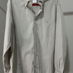 Lacoste Button Down Shirt Mens 44 XL Brown Taupe Gingham Plaid Long Sleeve