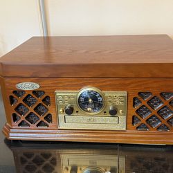 Pyle Bluetooth Vintage Classic-Style Turntable Record Player with CD & Cassette Players, AM/FM Radio, Built-in Speakers