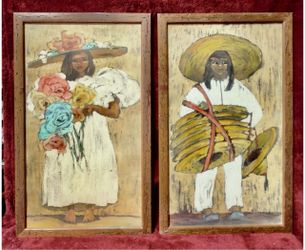 E12- Marion Valentine Signed Pair Vintage Wax Resist Original Paintings 21.5x35