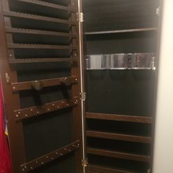 Wall-Mounted Jewelry Armoire w/ Full-Length Mirror (Dark Wood)