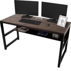 29-59 TOPSKY Computer Desk with Bookshelf/Metal Hole Cable Cover 1.18" Thick Desk (Light Walnut, 55")