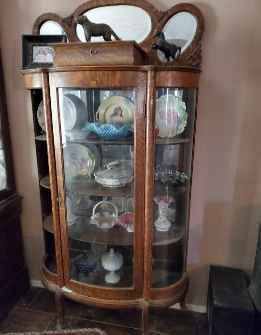 Antique Tall Oak Curio Cabinet-Display Cabinet