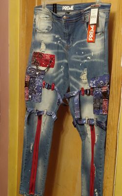 Preme Distressed Bandana Patch Jeans 36 X33