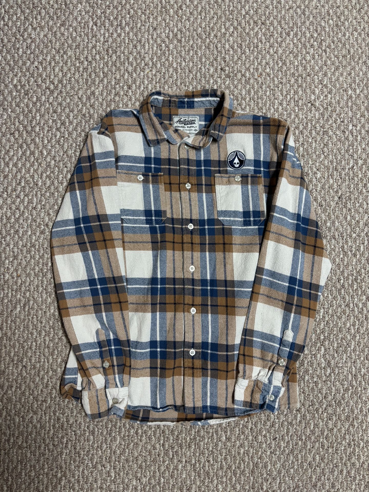 Rhinegeist Brewery Blue And Tan Plaid Casual Button Down Flannel Shirt