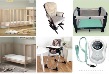 5 pc set: FREE new Duo breast pump  w/ purchase  crib (toddler conversion),   $45, mattress $25, nursery chair $45, high chair & car seat $40, Graco p