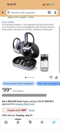New Brand: SONQI AI Translation Earbuds: 170 Languages & 0.45s Instant Real-Time Translator, Smart AI Headphones with Meeting Notes & Transcription, B