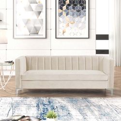 Cream Color Velvet Sofa Couch with Dutch Velvet Beige , Iron Legs