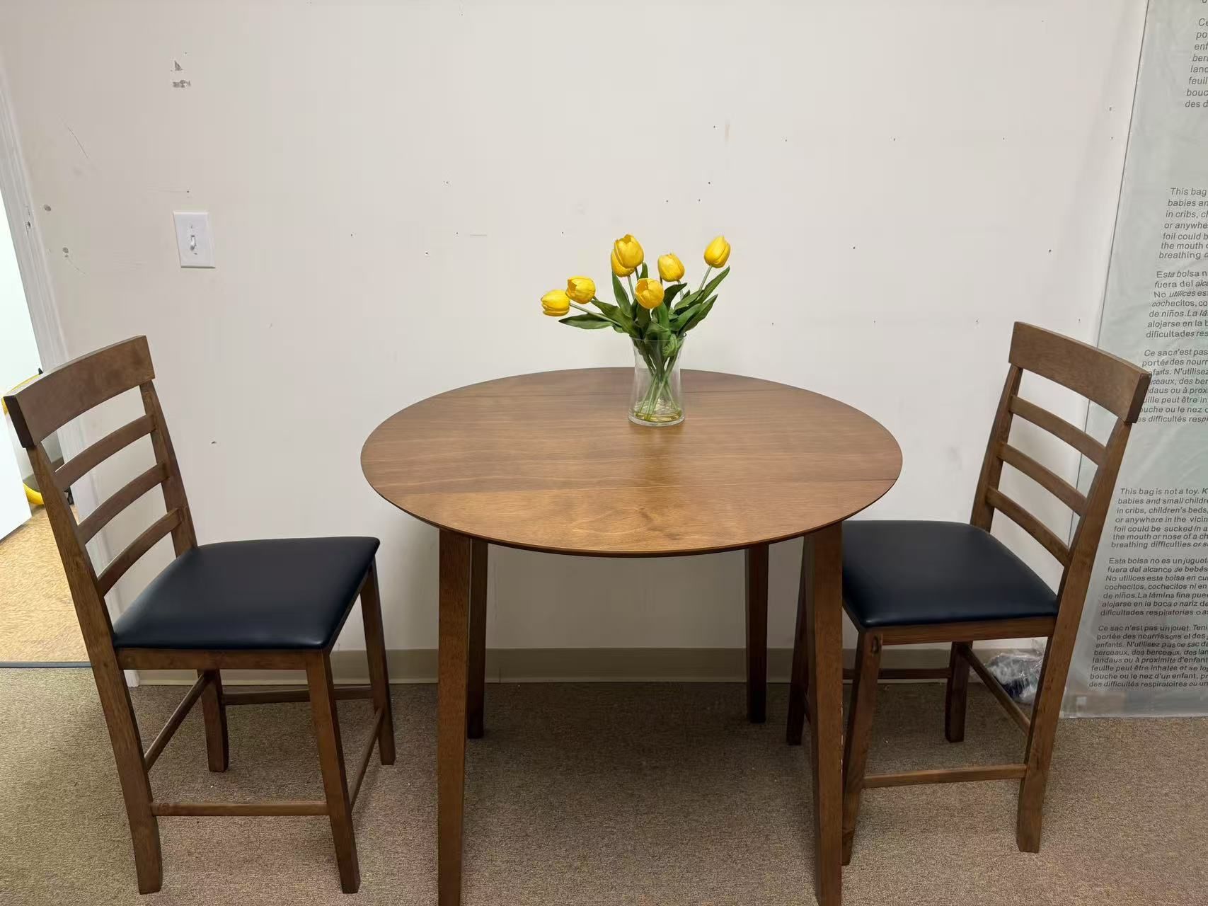 Brand new Retro Round Counter Height Drop-Leaf Table with 2 Upholstered Chairs, Rubber Wood Dining Table Pub Set with PU Leather Cushion, 3 Piece Coun