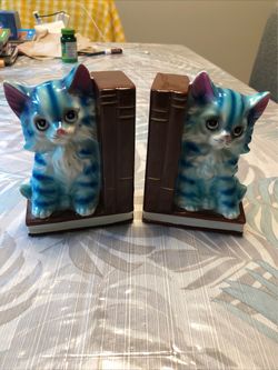 Vtg Trimont Ware Japan, Blue Ceramic Kitty Bookends 5.5” Tall