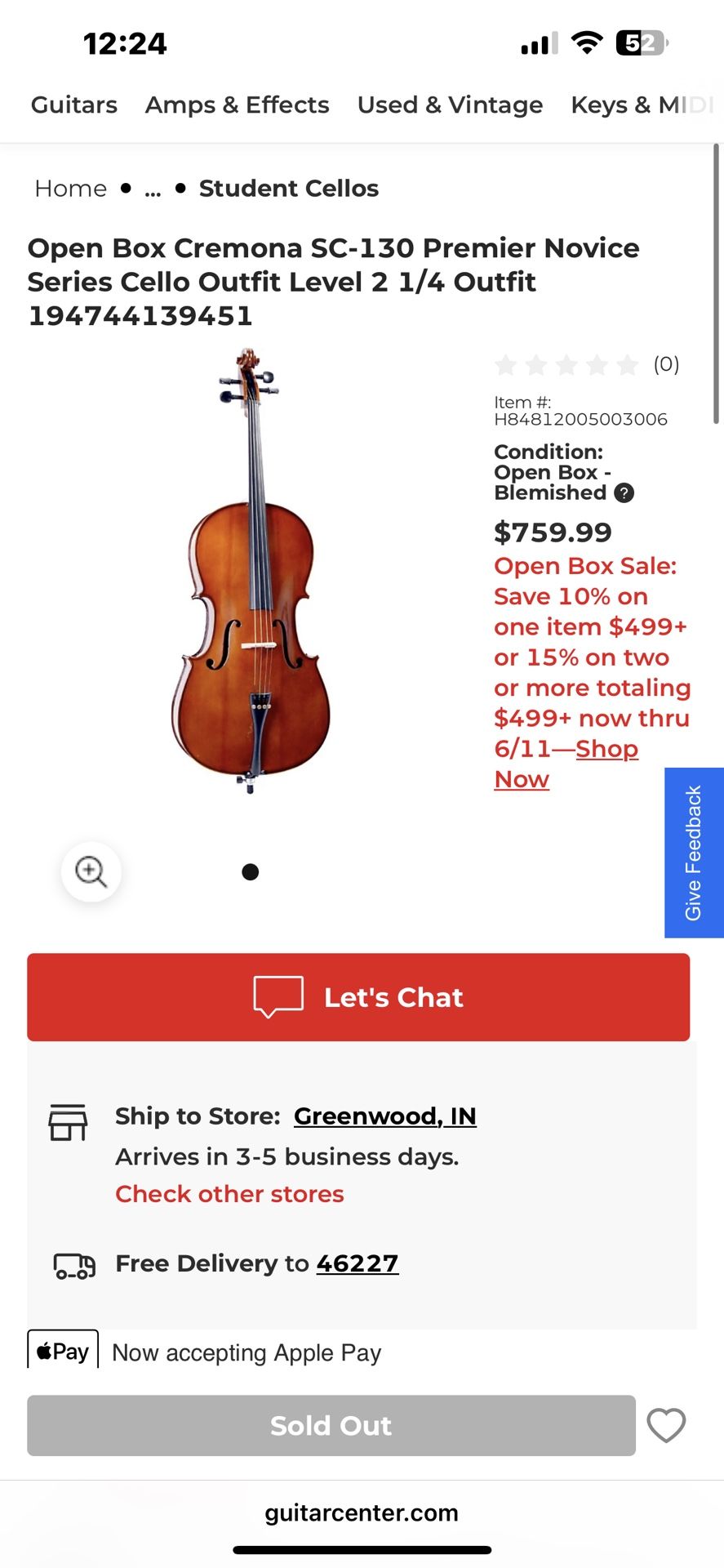 Open Box Cremona SC-130 Premier Novice Series Cello Outfit Level 2 1/4