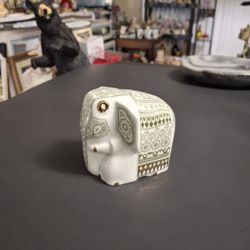 Vintage Indian Elephant Tea Caddy By Mlesna Noritake Lanka Porcelain From Sri Lanka, Glazed White & Green Accented In Gold