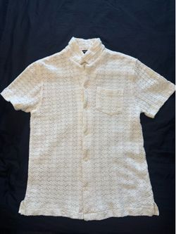 FOREVER 21 Men's Size M White Chevron Knit Short Sleeve Button-Up Shirt Pocket