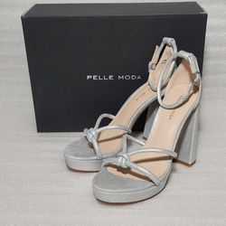 PELLE MODA Ankle Strap Sandals Heels. Silver. New In Box. Size 8.5 Women's Shoes. Retail $140