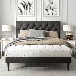 HAOARA Queen Size Platform Bed Frame with Upholstered Button Tufted Headboard, Mattress Foundation w