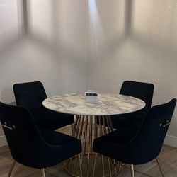 Marble Dining Table with 4 Velvet Black Chairs