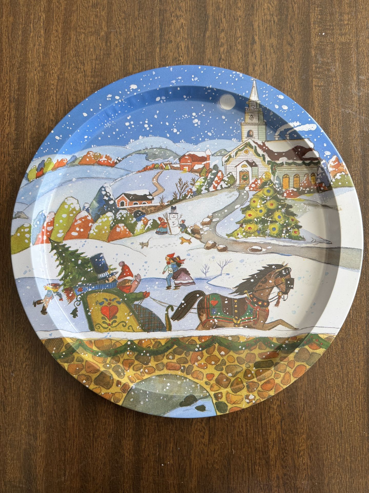 Vintage Christmas Tin Tray Platter - 12”