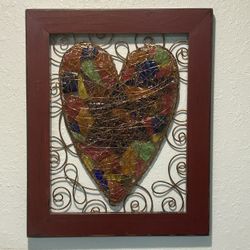 Wall Sculpture Mosaic Color Glass Heart With Copper Wire Around 
