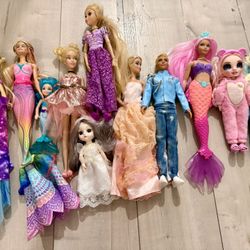 11 Barbie & Disney Dolls + Closet with Lots of Clothing and Accessories