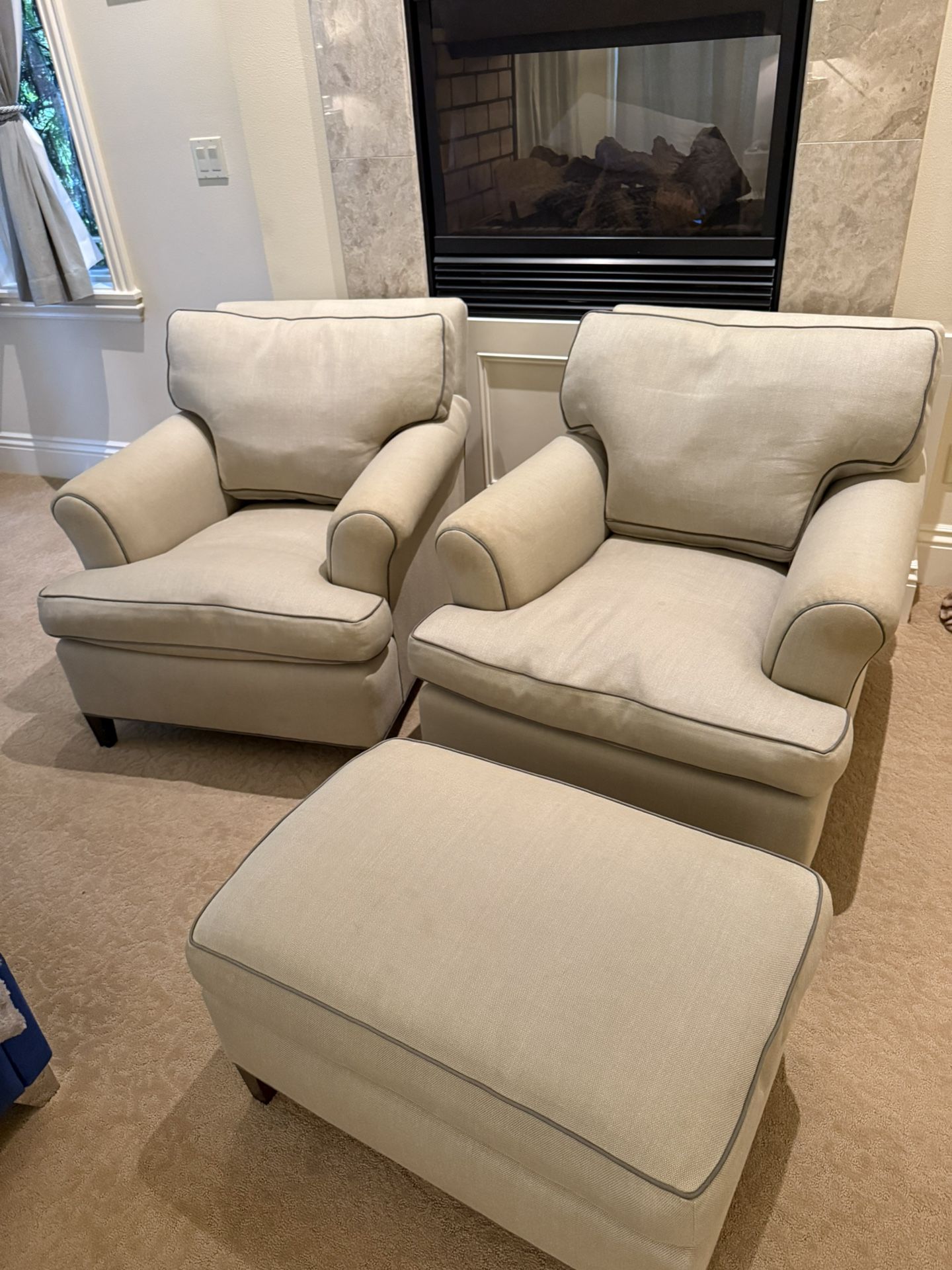 Belmar Linen Club Chairs + Ottoman Down Filled, Slipcovered, Designer Quality