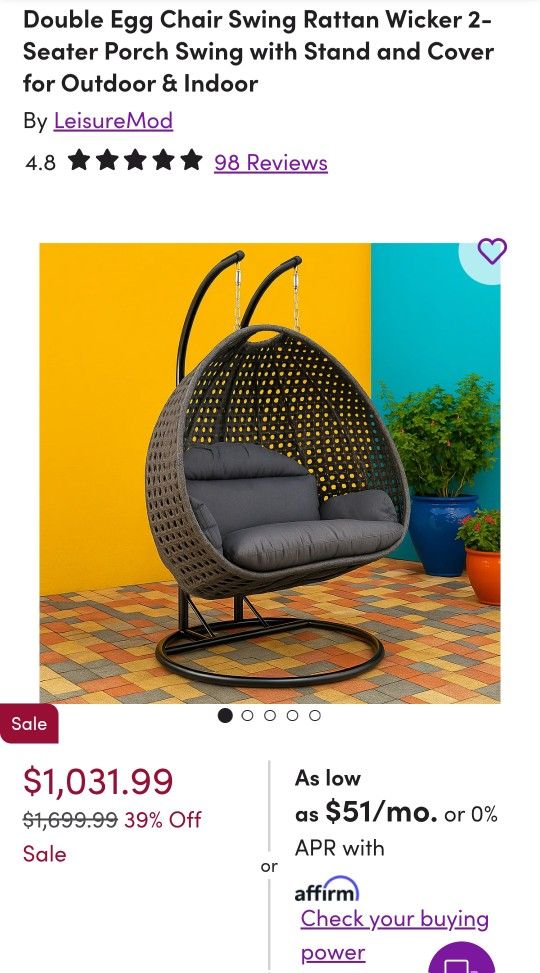 Double Egg Chair Swing Rattan Wicker 2- Seater