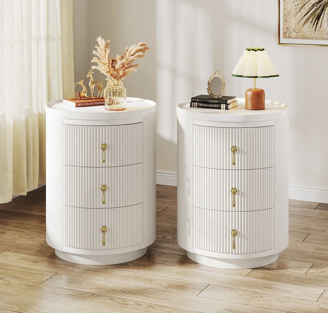3 Drawers Nightstand Set of 2, No Assembly Bedside Table Night Stand for Bedroom, Modern Round End Side Table with Storage and Gold Handles, White