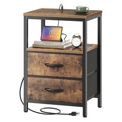Nightstand with Charging Station, 2 Fabric Drawers Rustic Brown