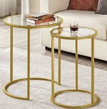 BRAND NEW-JUST ASSEMBLED-Round Nesting Side Table Stacking Coffee Table, Set of 2 Circular End Tables w/Metal Frame & Tempered Glass Top