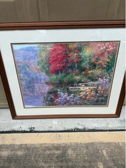Charles Zahn “Pond And Dock” Framed Art Print – Autumn Landscape with Red Canoe