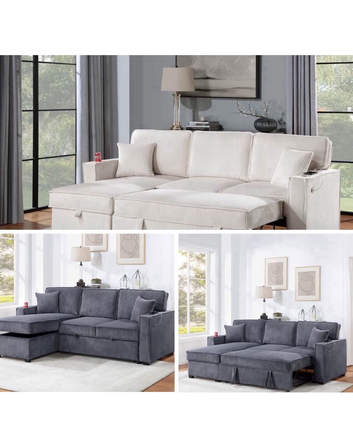 $369.     2-PCConvertible Sectional  Sleeper Sofa W/ Cupholder Sofa Storage & USB Ports  89”x 59”X36”H