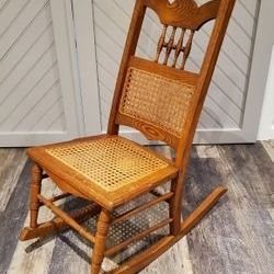 VINTAGE WOODEN ROCKING CHAIR,  ORIGINAL WICKER/CANE  BACK AND SEAT, VERY SOLID, EUC, 37 X 37 X 17,