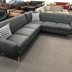 New Mid Century Sectional.  Grey, Brown, Dark Grey.  111” X 85”.  Free Delivery!