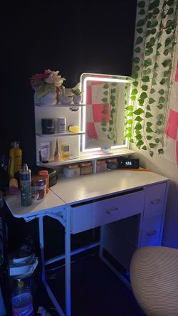 White Vanity Desk with LED Mirror and Shelves