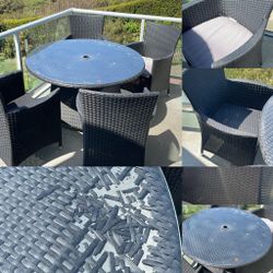 Outdoor dining set wicker black 4 chairs ok cond. chairs good table top is worn. Glass As is pu. 