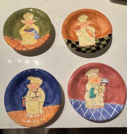 Set of 4 Ceramic Chef Pig Decorative Plates
