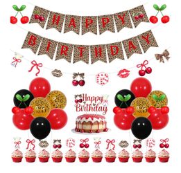 Cheetah Cherry Birthday Decorations, Leopard Print Happy Birthday Banner Garland Balloons Cake Cupcake Toppers, Safari Animal Party Supplies